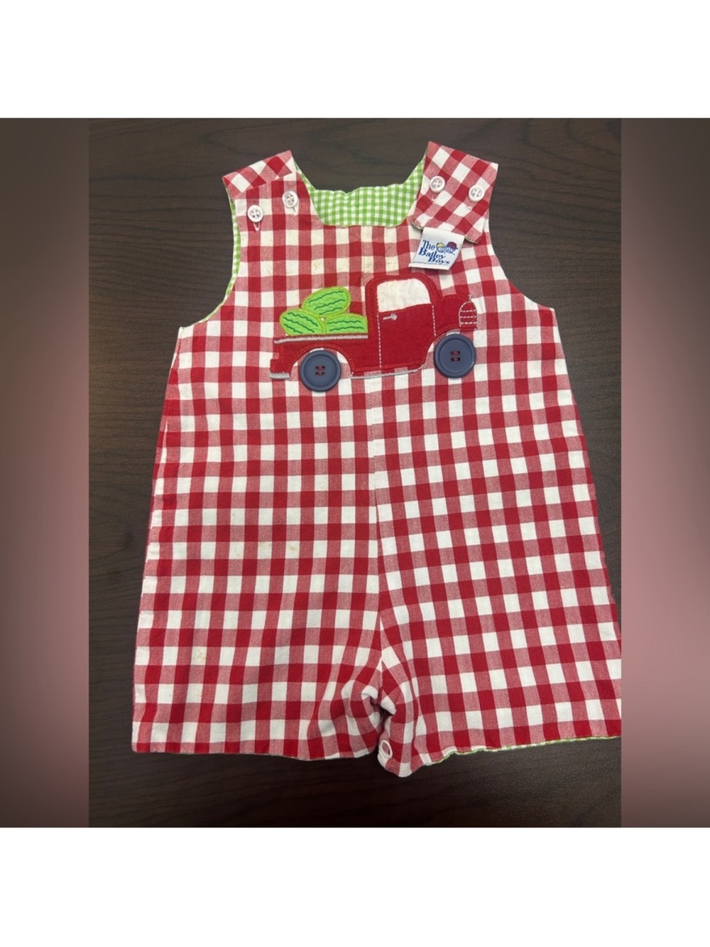 The Bailey Boys Red Gingham Reversible Truck Romper 9M Fish